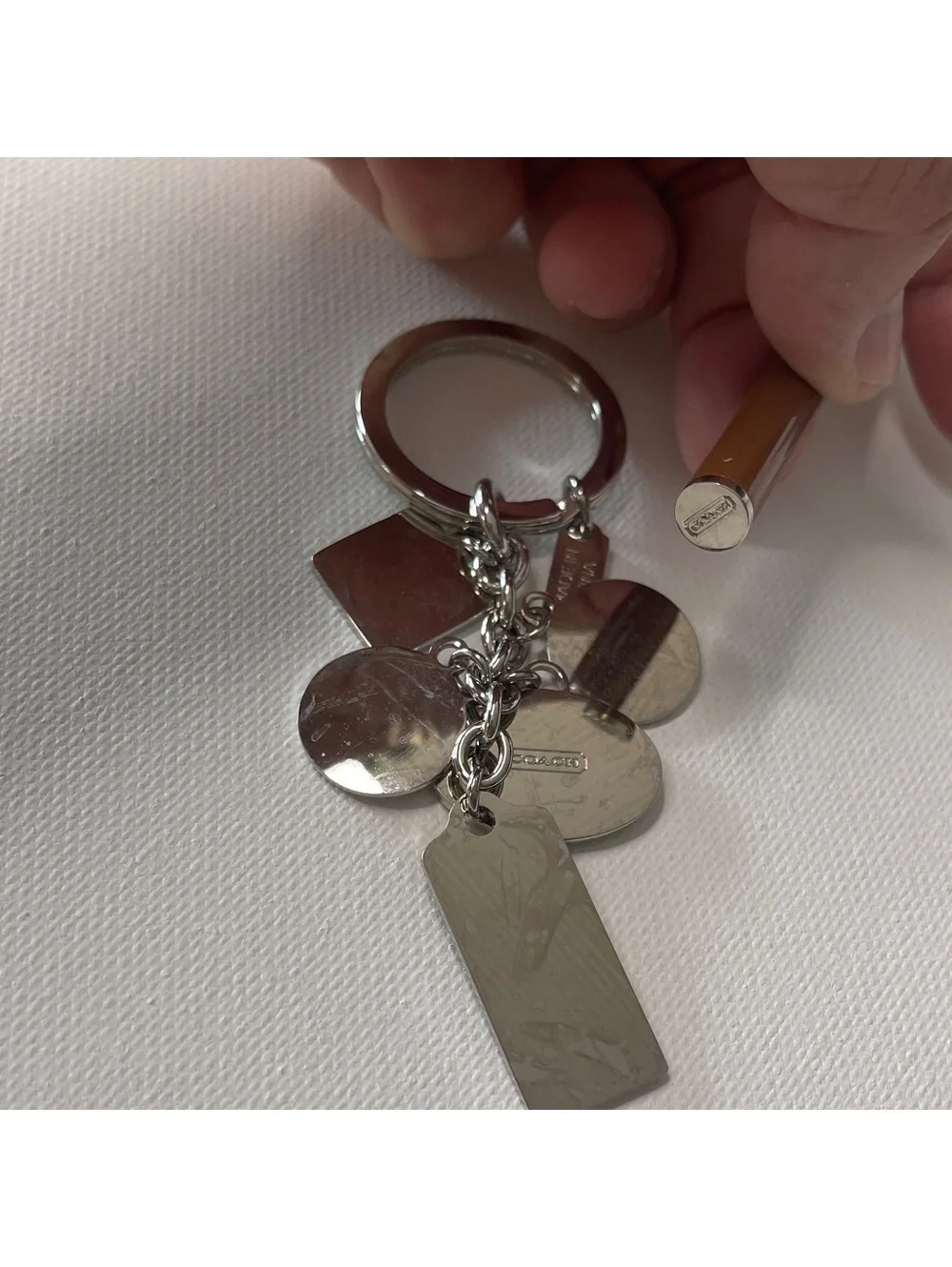 Coach Silver and Brown Logo Charms Keychain & Matching Pen NIP